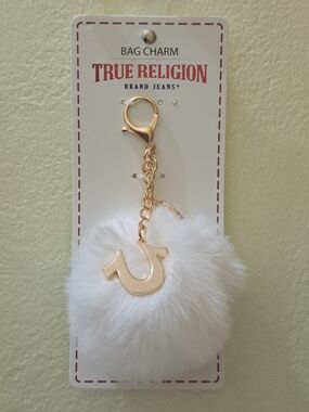 True Religion White Faux Fur Pom Keychain with Logo Charm